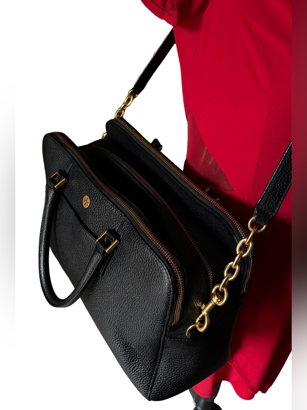 Tory Burch Georgia Pebbled Double Zip Satchel Tote Bag Black Leather Crossbody - Picture 10 of 16